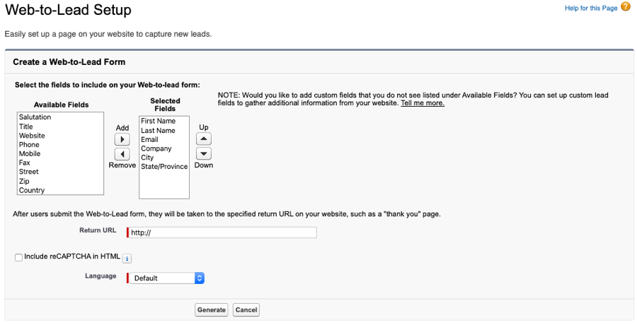 web de salesforce para dirigir la configuración